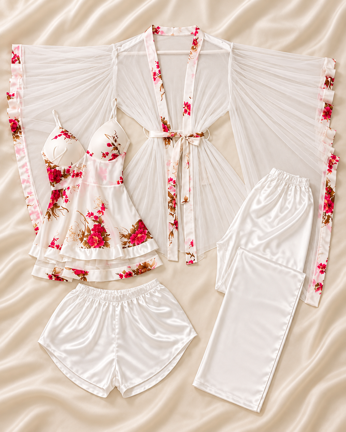 Floral Satin & Sheer Robe Sleepwear Set