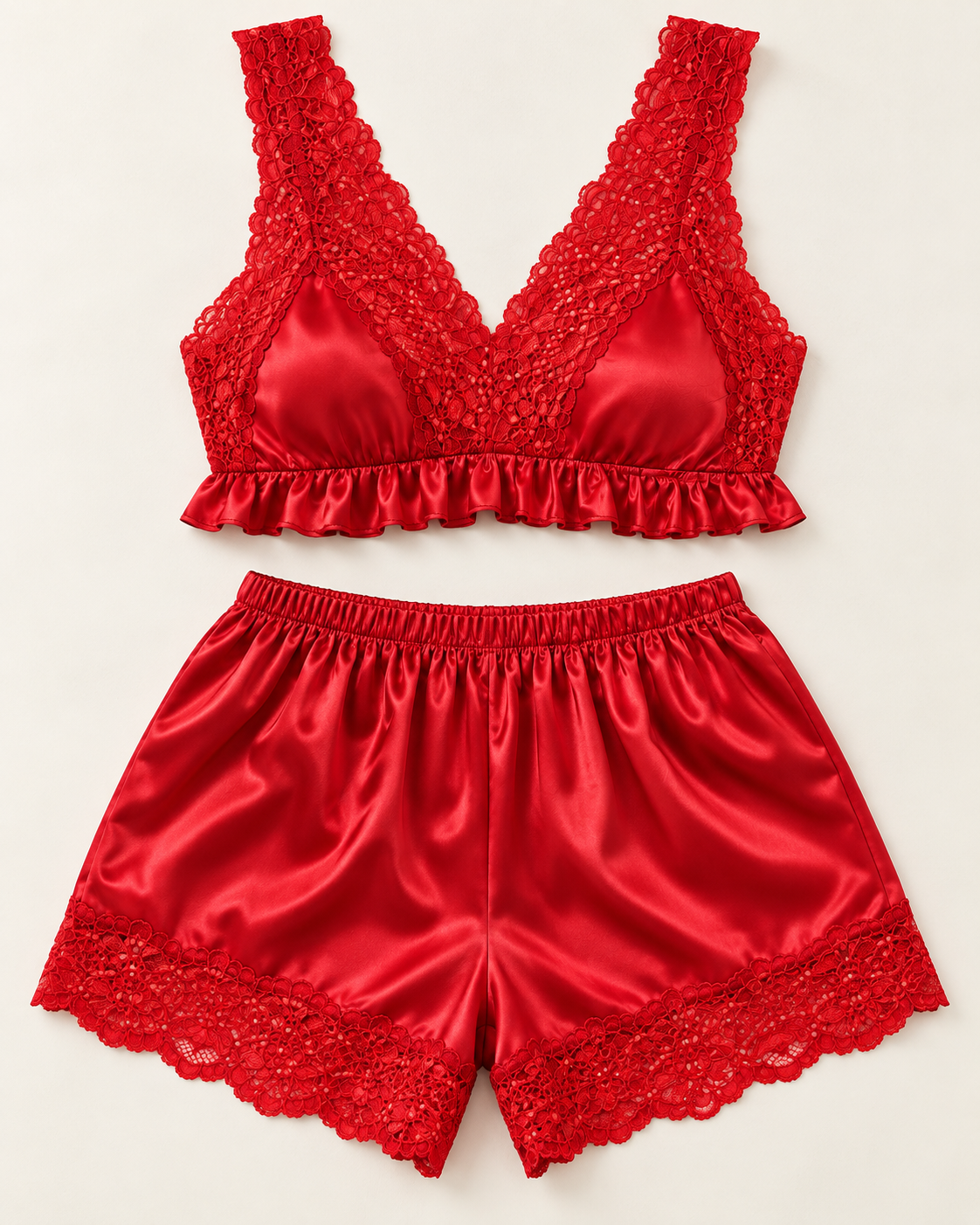 Satin & Lace Two-Piece Shorts Set