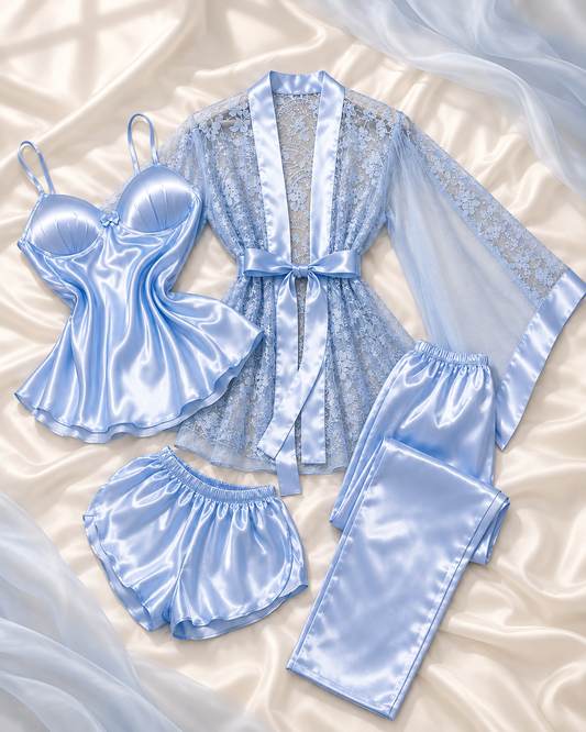 Four-Piece Satin and Lace Sleepwear Set