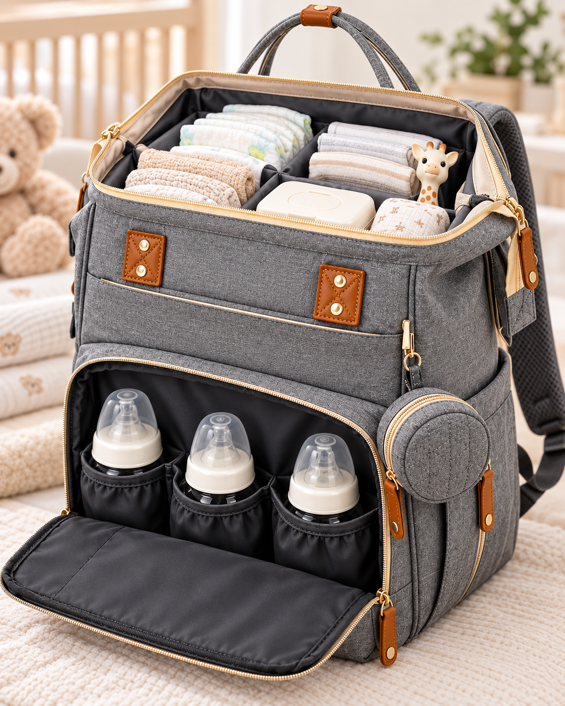Multifunctional Diaper Bag Backpack with Fold-Out Baby Changing Bed
