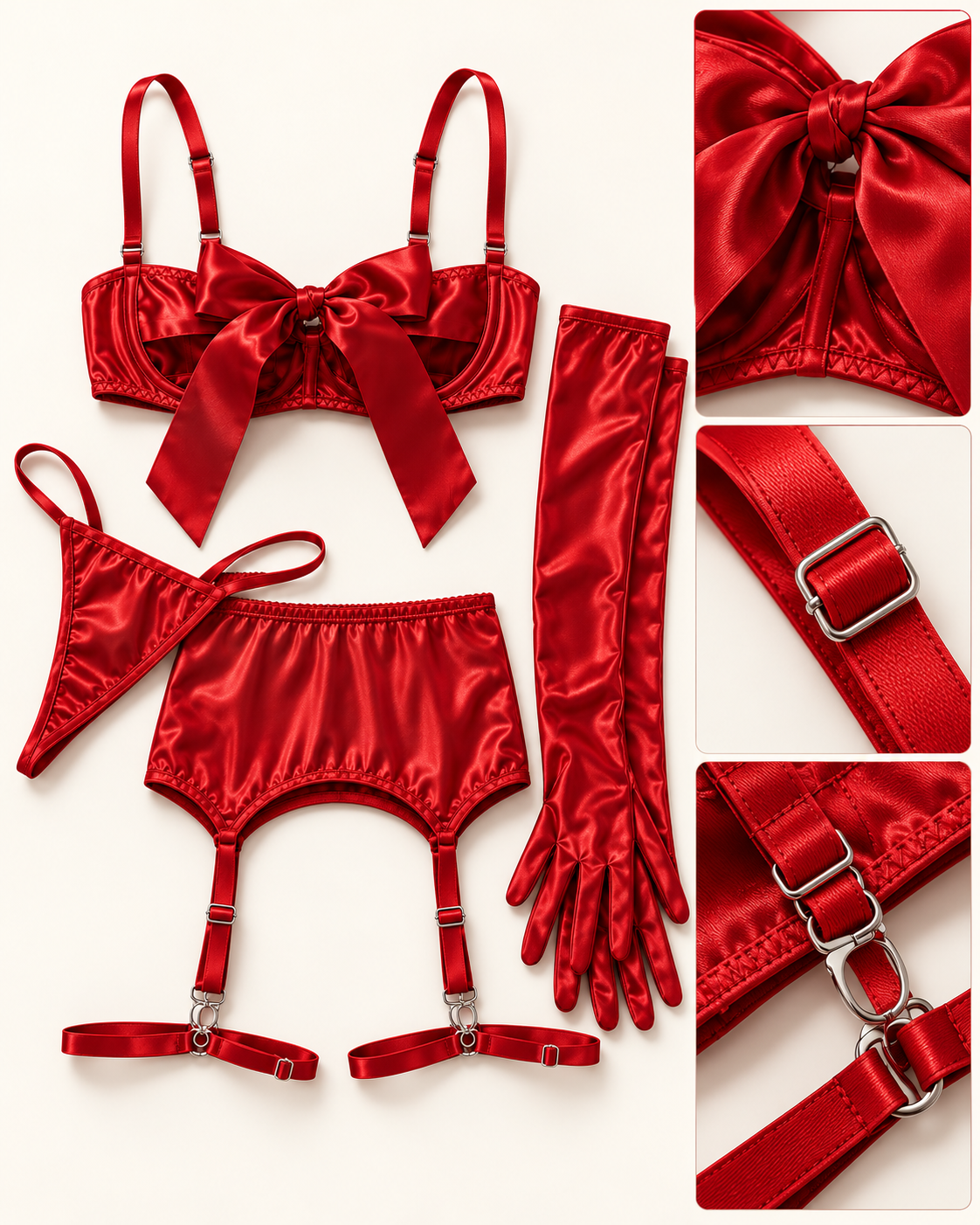 Red Satin Bow Lingerie Set