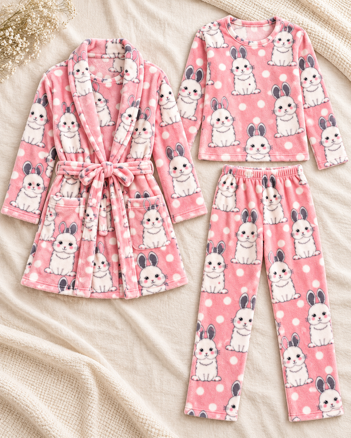 3-Piece Bunny Fleece Pajama & Robe Set