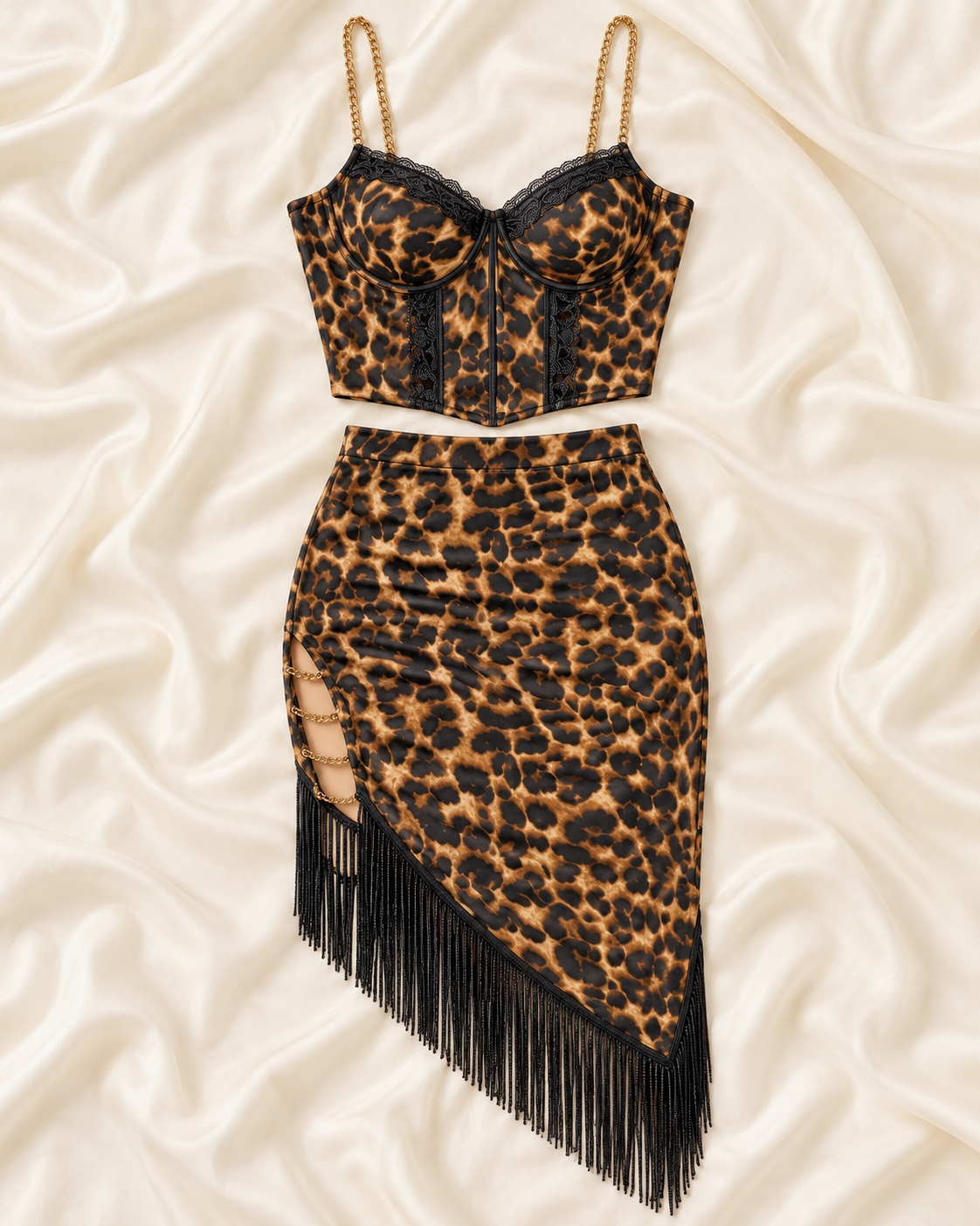 Leopard Print Two-Piece Fringe Set