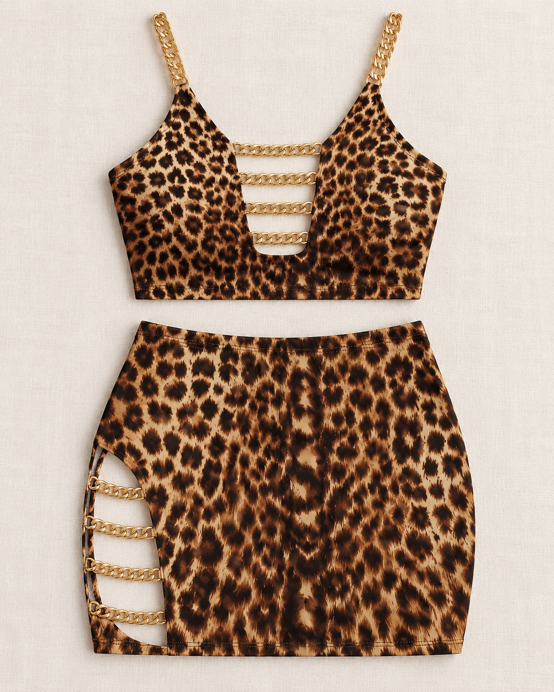 Leopard Print Chain Detail Two-Piece Set