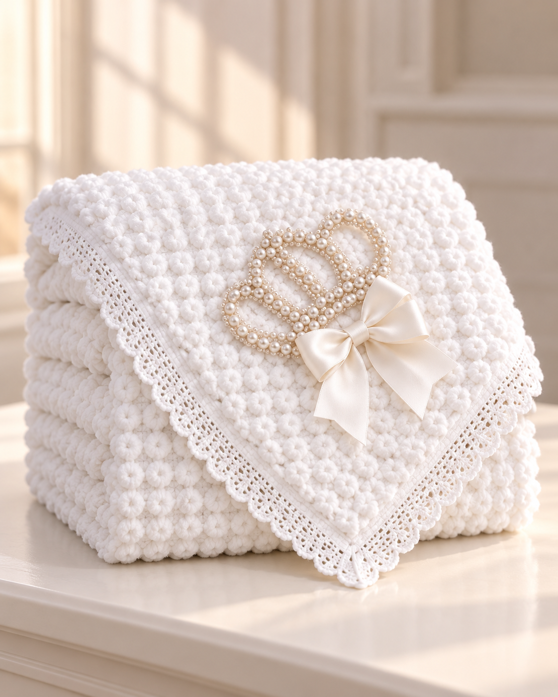 Soft Plush Baby Blanket with Bow & Pearl Detail