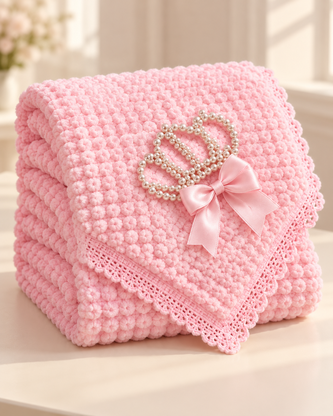 Soft Plush Baby Blanket with Bow & Pearl Detail