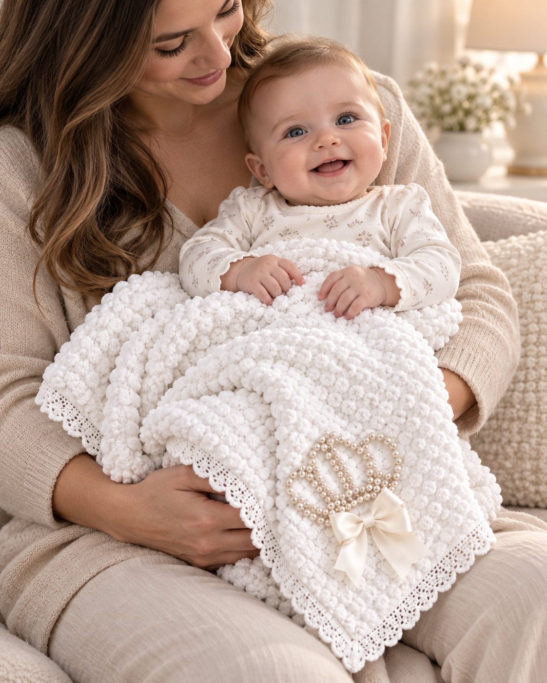 Soft Plush Baby Blanket with Bow & Pearl Detail