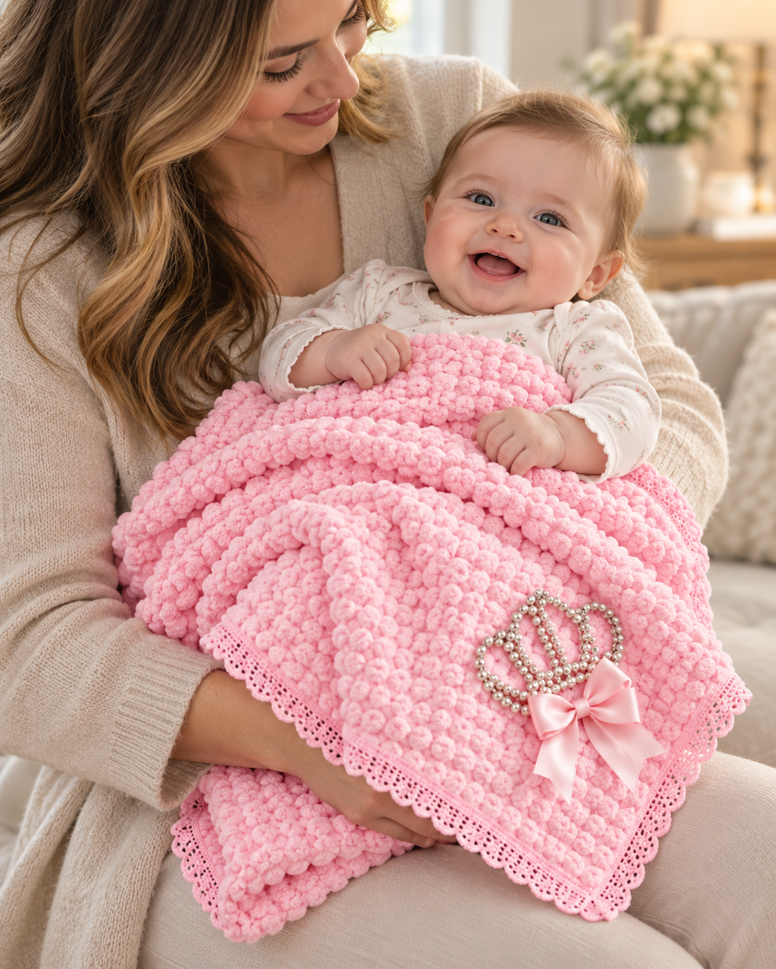 Soft Plush Baby Blanket with Bow & Pearl Detail