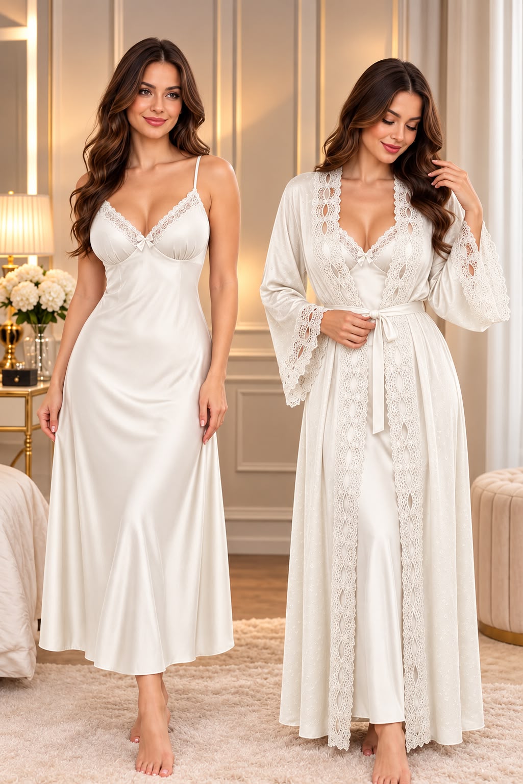 Satin Long Slip & Kimono Robe Set with Lace Trim - photo 9