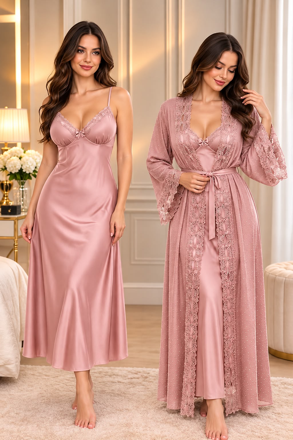 Satin Long Slip & Kimono Robe Set with Lace Trim - photo 2