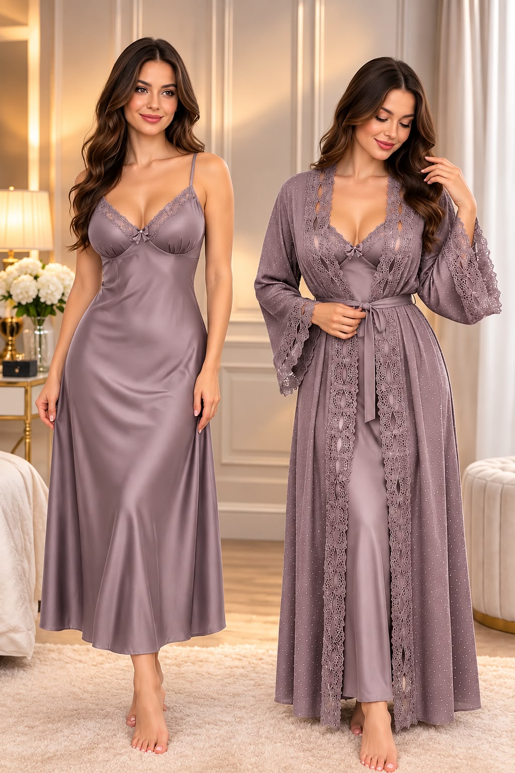 Satin Long Slip & Kimono Robe Set with Lace Trim - photo 3