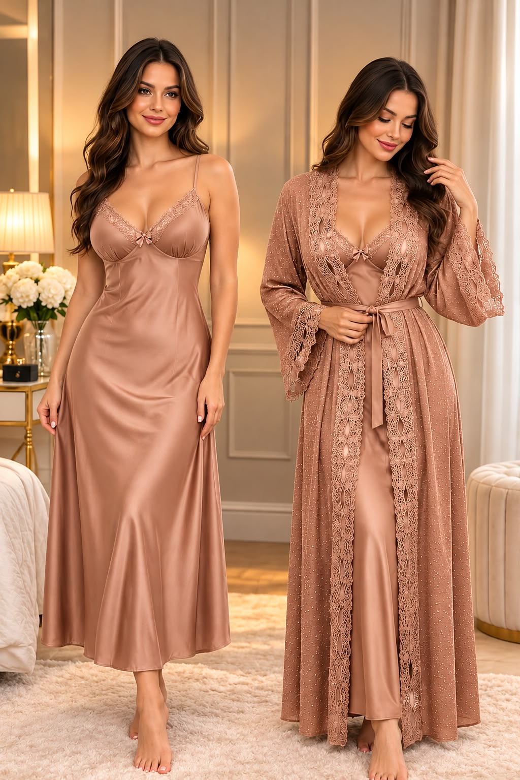 Satin Long Slip & Kimono Robe Set with Lace Trim - photo 4