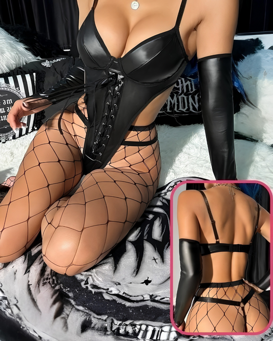 Black Faux Leather Lace-Up Bodysuit