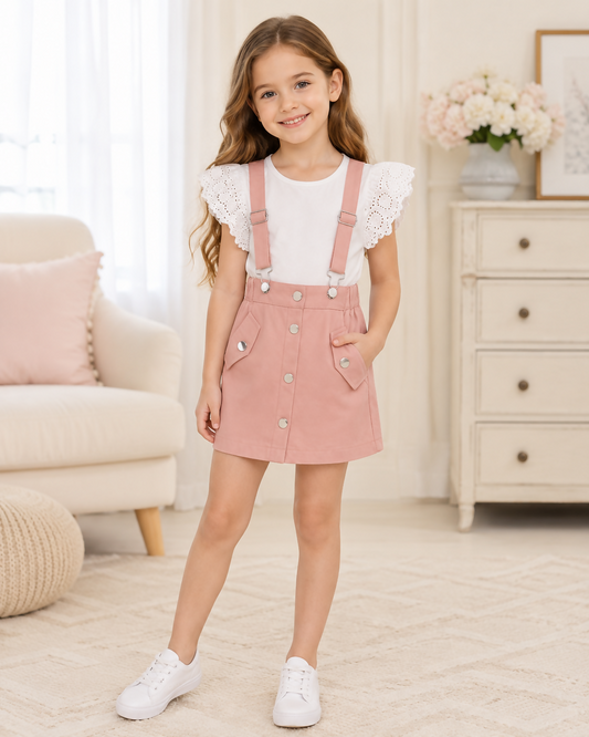 Girls’ Linen Suspender Skort Set – 2 Pieces