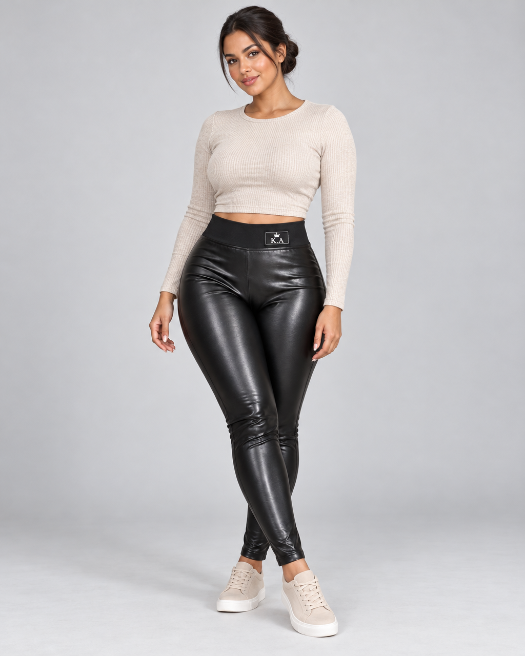 Trendies AI - On model 2 - black high-waisted faux leather fleece-lined leggings